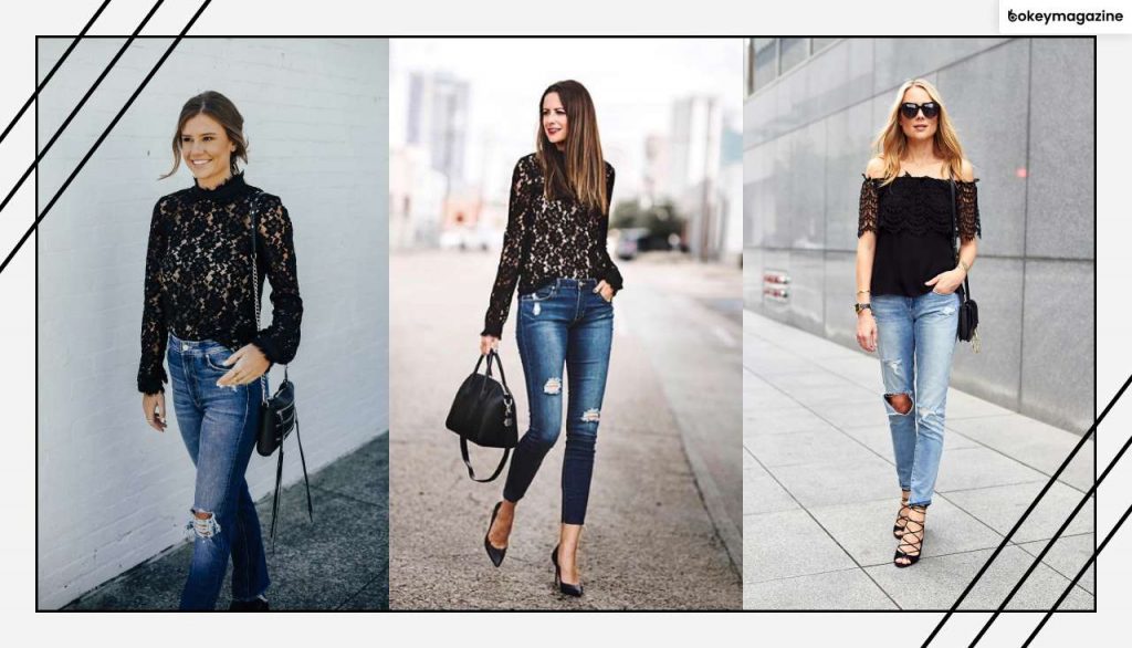 denim jeans with lace tops